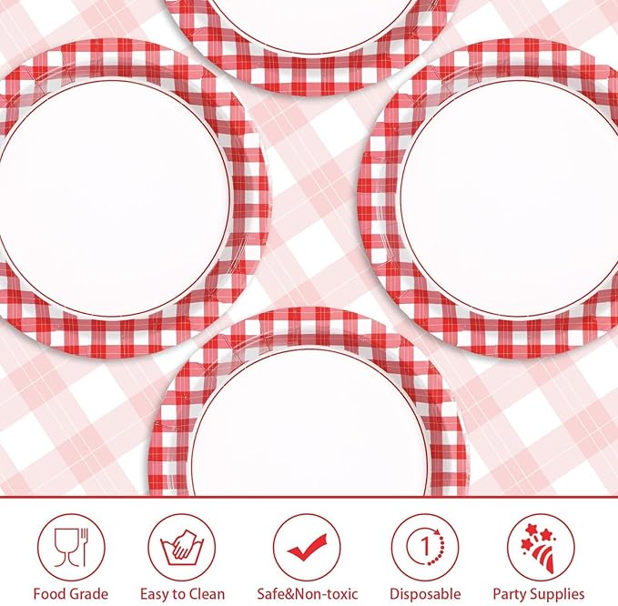 50 Pcs Red and White Gingham Paper Plates 10" Heavy Duty Red Gingham Checkered Plaid Dessert Plates Disposable Gingham Party Supplies for Summer Pizza BBQ Picnic Baby Shower Birthday Party Decorations