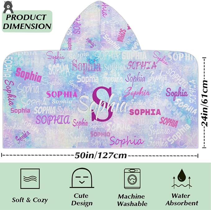 Personalized Hooded Bath Towels with Name, Custom Beach Towels for Kids Cotton Soft Swim Towels Camping Towels Toddler Beach Towels, Light Blue Galaxy Watercolor