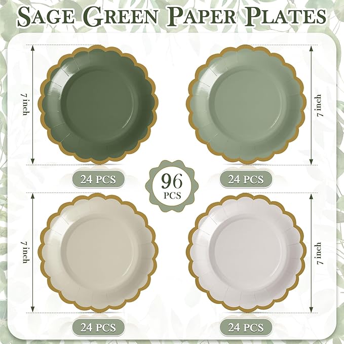 96 Pcs Gradient Sage Green Paper Plates 7 Inch Scalloped Disposable Dessert Plate for Coquette Bridal Pink Bow Wedding Birthday Baby Shower Party Supplies