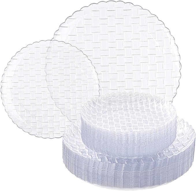 Festiva 60PCS Clear Plastic Plates - Heavy Duty Weave Pattern Fancy Disposable Plates -serve for 30 guests Include 30PCS 10" & 30PCS 7" Plates for Party&Wedding (Clear)