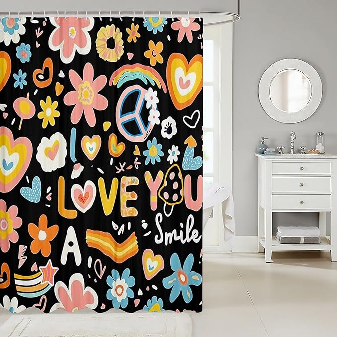 Groovy Flower Bath Curtain 72"Wx78"L Kids,Cartoon Rainbow Stars Daisy Peace Sign Shower Curtain Cute Home Decor for Teen Girls,Hippie Aesthetic Funny Bathroom Curtain Y2K Decor Bathroom Decor Set