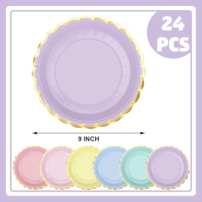 peony man 24 Pcs Pastel Scalloped Paper Plates Disposable Macaron Party Plates 9 Inch Gold Edge Colorful Dinner Plate Pastel Rainbow Dessert Plate for Wedding Birthday Baby Shower Party Supplies
