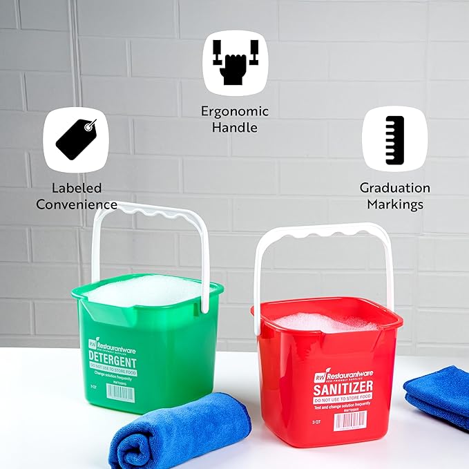 Restaurantware-RW Clean 8 Quart Cleaning Buckets, 10 Detergent Square Buckets - With Measurements, Built-In Spout And Handle, Green Plastic Utility Buckets, For Home Or Commercial Use,