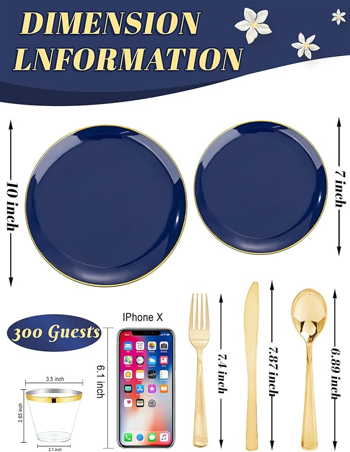 WDF 300PCS Navy Blue Plates Disposable - Blue Plastic Plates 50guest Heavy Duty Plastic Dinnerware Sets for Party/Wedding/Birthday/Graduation