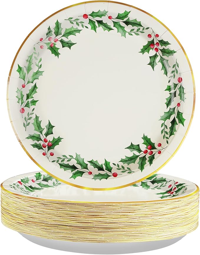 50 Pcs Christmas Round Plates 10" Large Disposable 400 GSM Heavy Duty Holly Leaf Paper Plates Gold Foil Dessert Plates Merry Christmas Birthday Party Decorations for Festive Xmas Theme Party Supplies