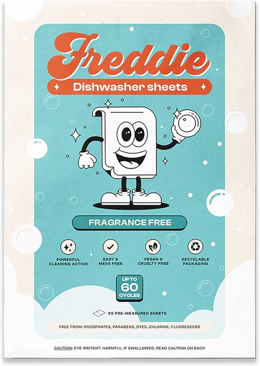 Freddie Dishwasher Sheets Fragrance Free - Space-Saving Alternative to Liquid Detergent - 60 Loads Concentrated Plastic Jug Free Strips