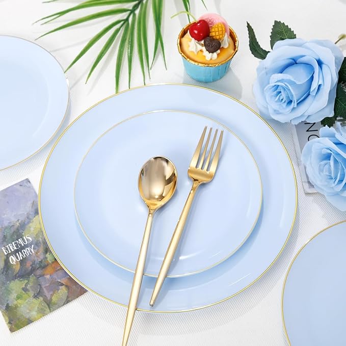 PULOTE 100PCS Blue Plastic Plates - Disposable Light Blue Include 50 Dinner & 50 Dessert/Salad Plates for Party, Wedding & Birthday