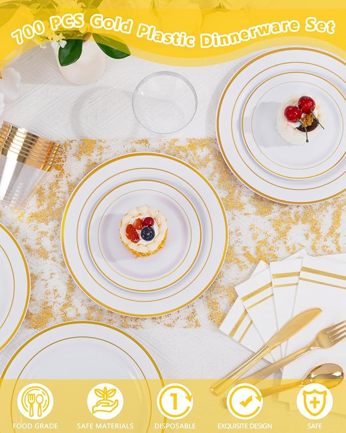 GATHER 700PCS Gold Plastic Plates - Whtie and Gold Disposable Dinnerware Sets 100Guest - 200 Disposable Plate, 300 Plastic Silverware, 100 Cups, 100 Napkins for Wedding & Party