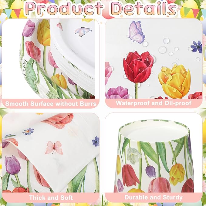 Havawish 350 Pcs Floral Party Supplies Tulip Disposable Tableware Set Tulip Oval Paper Plates Cups Napkins Fork Knife Spoon Dinnerwares for 50 Guests Baby Shower Wedding Birthday Party Decorations