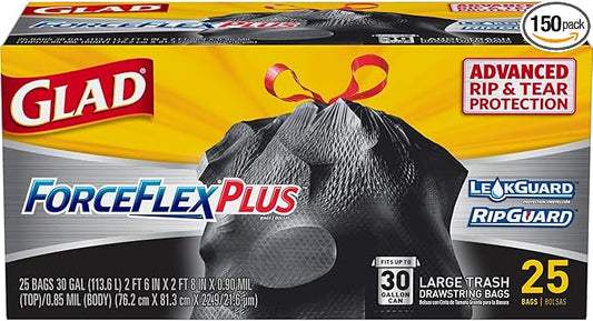 Glad Trash Bags, Large Drawstring Garbage Bags‚ ForceFlexPlus 30 Gallon Black Trash Bag - 25 Count Each (Pack of 6)