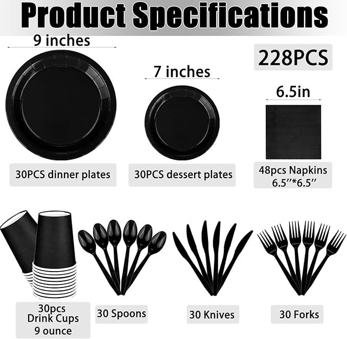 228PCS Black Party Supplies Set Include Paper Plates Cups Black Napkins Plastic Spoons Forks Knives for 30 Guests Disposable Party Dinnerware for Birthday Wedding Family Picnic