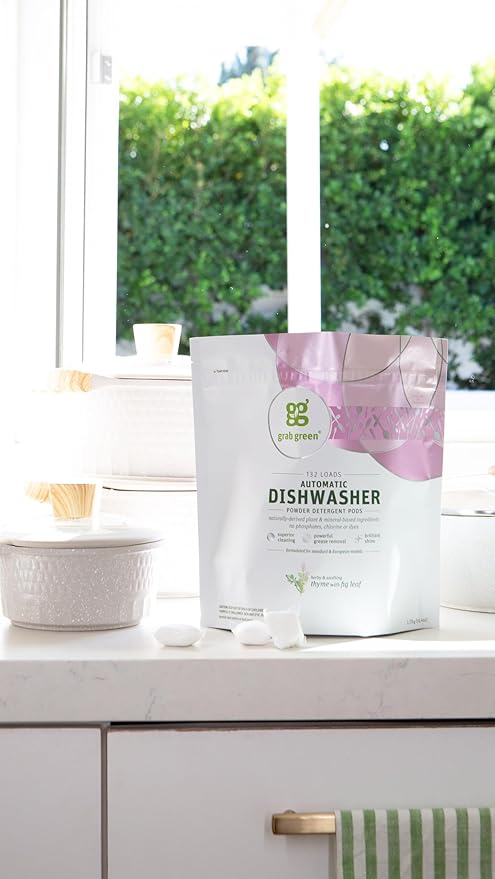 Grab Green Automatic Dishwashing Detergent Pods, 60 Count, Thyme Fig Leaf Scent, Plant and Mineral Based, Superior Cleaning, Powerful Grease Removal, Brilliant Shine