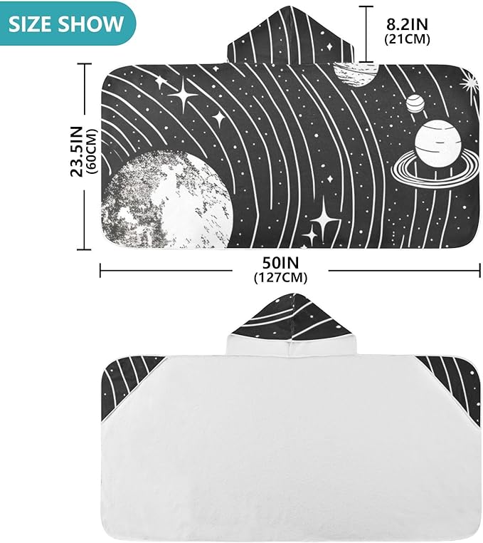 Hooded Towel for Kids Black and White Drawing of The Solar System Beach Wrap Bath Towels 50x23.5in