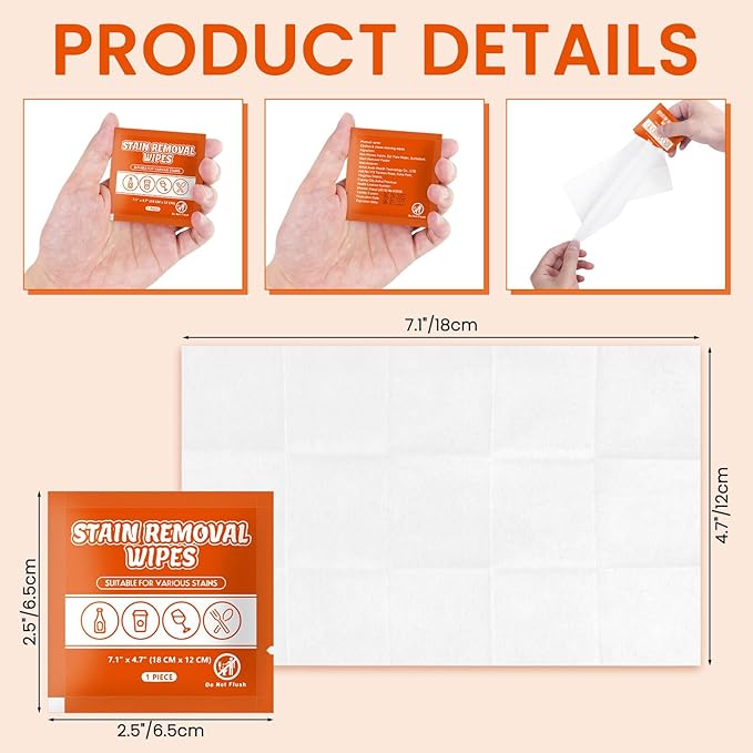 Stain Remover Wet Wipes Bulk, Individual Wrapped Clothes Portable Travel Messy Eater Cleaning Laundry Stain Removal Wipes Pocket Size for Clothing Fabric/Shoes/Wine/Fast Food 7.1 x 4.7 Inch(Orange 50)