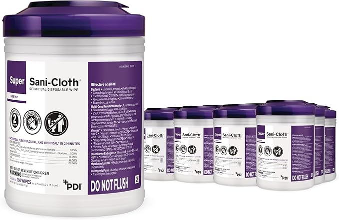Super Sani-Cloth Disinfecting Cleaning Wipes, 12 Pack Case, 160 Count Each, Large Surface Wipes (6" x 6.75"), Multi-Surface Germicidal Cleaner for Home Health, Medical, Commercial Use