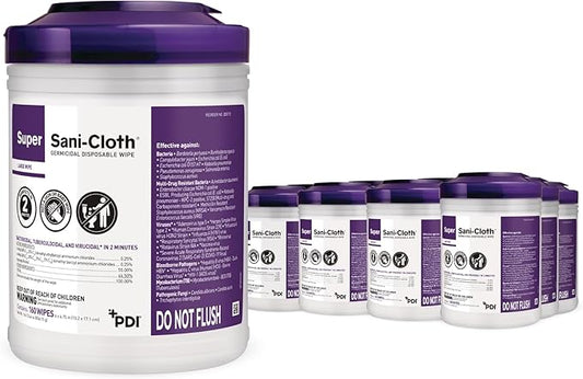 Super Sani-Cloth Disinfecting Cleaning Wipes, 12 Pack Case, 160 Count Each, Large Surface Wipes (6" x 6.75"), Multi-Surface Germicidal Cleaner for Home Health, Medical, Commercial Use