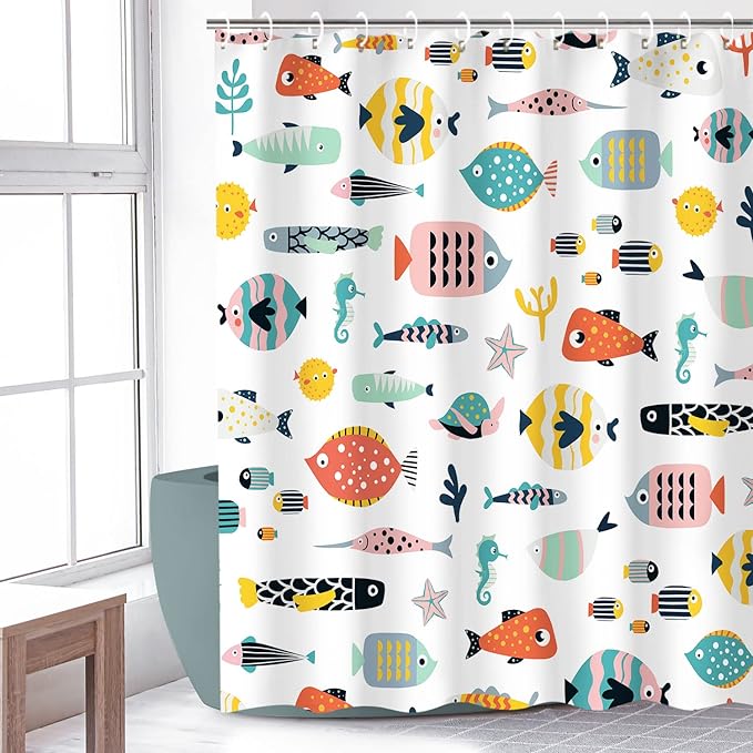 RosieLily Fish Shower Curtain, Kids Bathroom Shower Curtain, Nautical Shower Curtain Set with 12 Hooks, Waterproof Colorful Animal Cartoon Fish Bathroom Decor, 72x78