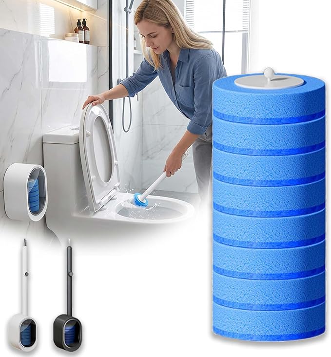 Disposable Toilet Bowl Cleaner Wand, Toilet Scrubber Kit with Self-Cleaning Disposable Pads – No Pre-Rinse (8Pcs Brush Heads)