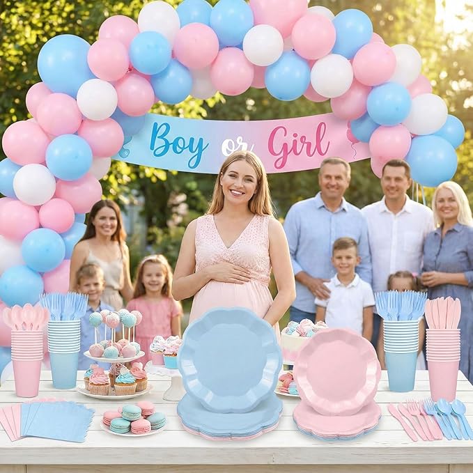 NatNarr 350 Pcs Baby Gender Reveal Party Supplies Include Scalloped Plate Napkin Cup Forks Knives, Light Pink and Light Blue Plastic Cutlery 50 Guest Disposable Party Tableware Set for Baby Shower