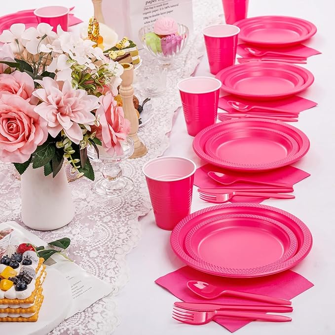 WELLIFE 210Pcs Hot Pink Plates, Disposable Dinnerware Set, Including Hot Pink Plastic plates, 12oz Cups, Plastic Cutlery and Napkins Serve 30 Guests, Plastic Plates for Party and Valentine,Galentines
