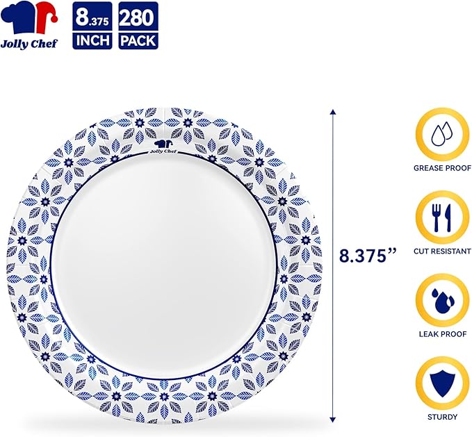 JOLLY CHEF 8.37 inch Paper Plates 280 Count Soak Proof, Cut Proof, Heavy Duty Printed Disposable Plate for Party or Everyday Use