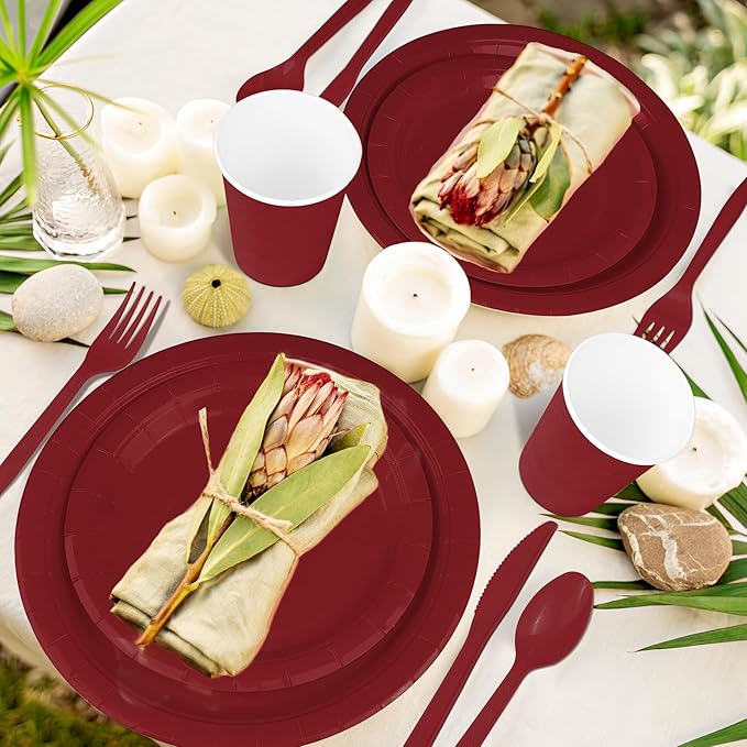 228PCS Burgundy Party Supplies Set Include Paper Plates Cups Paper Napkins Plastic Spoons Forks Knives for 30 Guests Disposable Party Dinnerware for Birthday Wedding Family Picnic