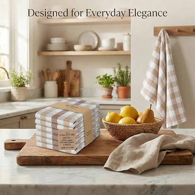 Urban Villa Kitchen Towels Set of 6 Buffalo Checks Taupe/Chocolate/Ivory 20X30 Inches Kitchen Towels 100% Cotton Highly Absorbent Premium Quality Ultra Soft Bar Tea Towels with Mitered Corners