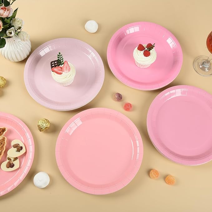 AimFun Gradient Pink Paper Plates 9 Inch Disposable Round Dinner Plates for Coquette Birthday Wedding Baby Bridal Shower Bow Christmas Party Supplies (24, Pink)