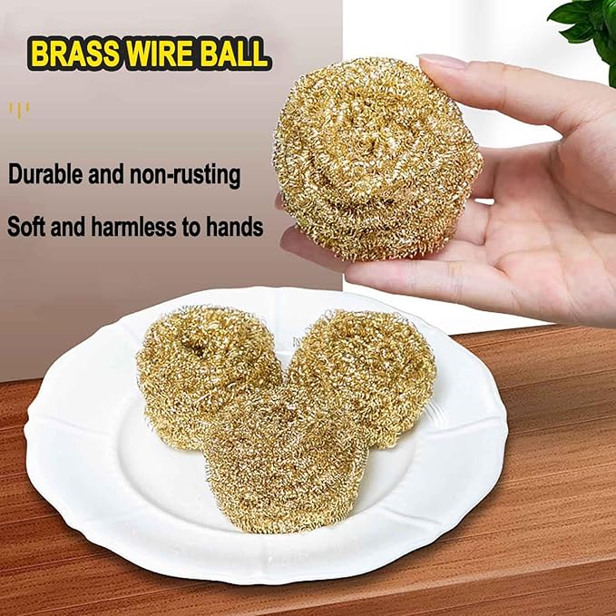 6PCS Brass Kitchen Cleaner, Scrubbing Scour Copper Scrubber Non Scratch Dishes Scrubber Kitchen Steel Wool Easy Scouring Scrubbing Brush Pot Pan Oven Washing Ball Golden Copper Scrubbers