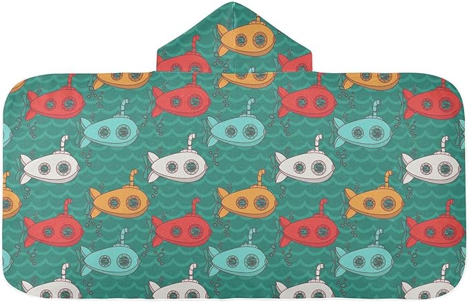 susiyo Kids Hooded Bath Towel Vintage Submarines Beach Towel for Kids 23.5 x 50 Inch Microfiber Soft Absorbent Quick Dry Bath Swim Pool Towel Wrap Poncho Bathrobe with Hood for Kids Toddler