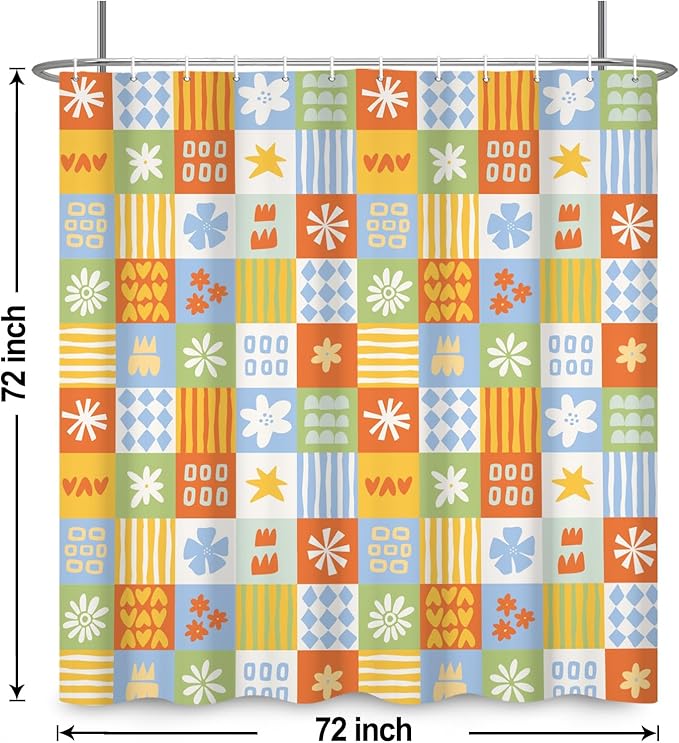 Boho Checkered Floral Shower Curtain Set Multicolored Geometric Flower Print Shower Curtains for Bathroom Waterproof Fabric Bathtub Decorations with Hooks 72x72 Inches