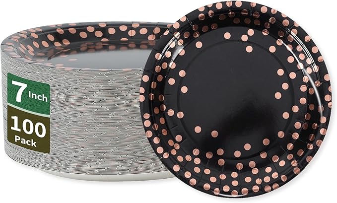 Black and Rose Gold Paper Plates,100 Pack Gold Dots Party Paper Plates,Disposable Party Supplies Dessert Plate for Birthday,Graduation,Retirement,Father's Day(7Inch)