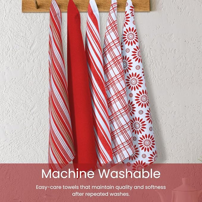 Assorted Kitchen Towels Large 16x26 inch 100% Cotton Set of 5 - Soft Absorbent Washable Tea Towel for Kitchen - Dish Cloths Towel with Hanging Loop - Quick Drying Dish Towels Red