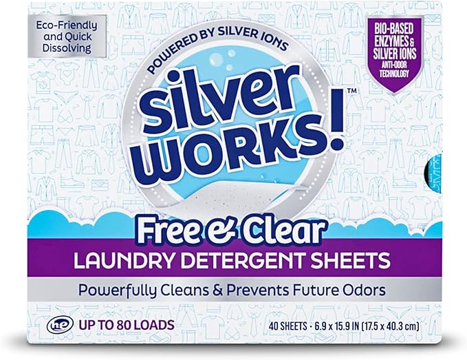 SilverWorks! Premium Dissolvable Laundry Detergent Sheets, Silver Ion Odor Elimination Technology, Powerfully Clean & Prevent Odors, Dissolves Fully, 40 Sheets, Free & Clear