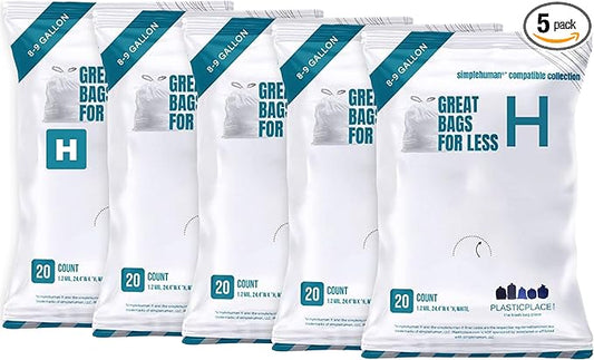 Plasticplace Custom Fit Trash Bags, Compatible with simplehuman Code H Packs, White Drawstring Garbage Liners 8-9 Gallon, 18.5'' x 28'' (20 Count/5 Pack)