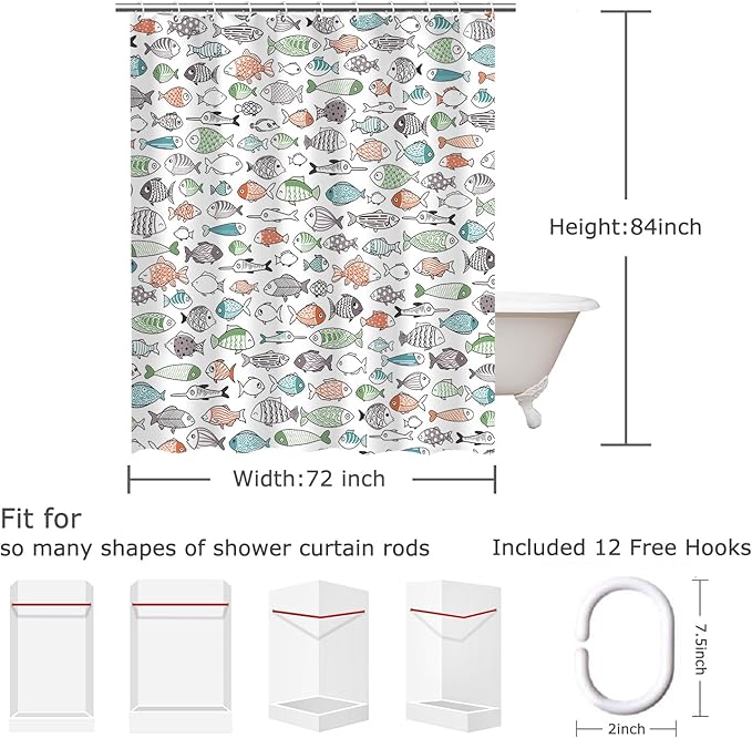 RosieLily Colorful Fishes Shower Curtain, Kids Shower Curtains Set with 12 Hooks, Waterproof Shower Curtain for Bathroom, 72 x 78 Inch, Cartoon Fun Fishes Ocean Animals Bath Curtains