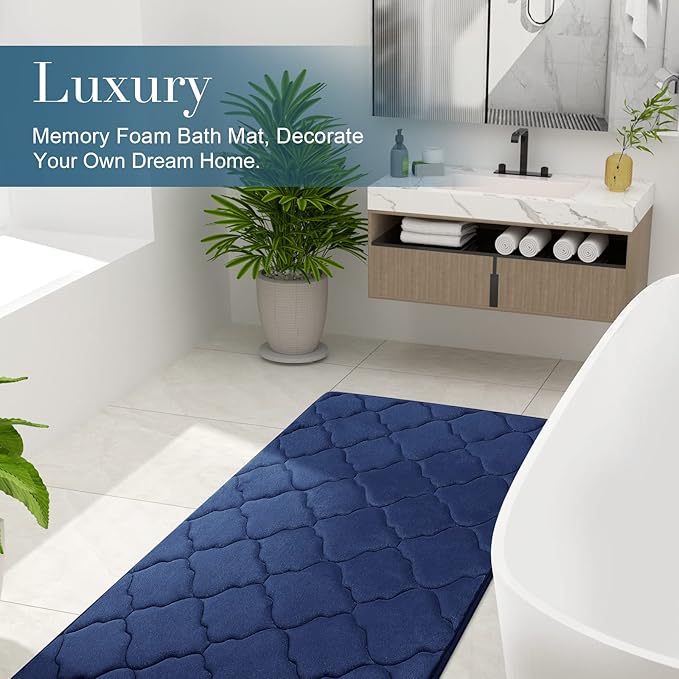 OLANLY Memory Foam Bath Mat Rug 59x20, Ultra Soft and Absorbent Bathroom Rugs, Non-Slip, Comfortable, Machine Washable Bath Carpet for Bathroom Floor, Tub, Shower and Home Decor Accessories, Navy