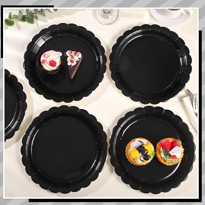 NatNarr 30 Pcs Black Paper Plates, 9 Inch Scalloped Disposable Black Graduation Plates Cute Dessert Dinner Plate for 2026 Grad Party, Wedding, Birthday, Picnic