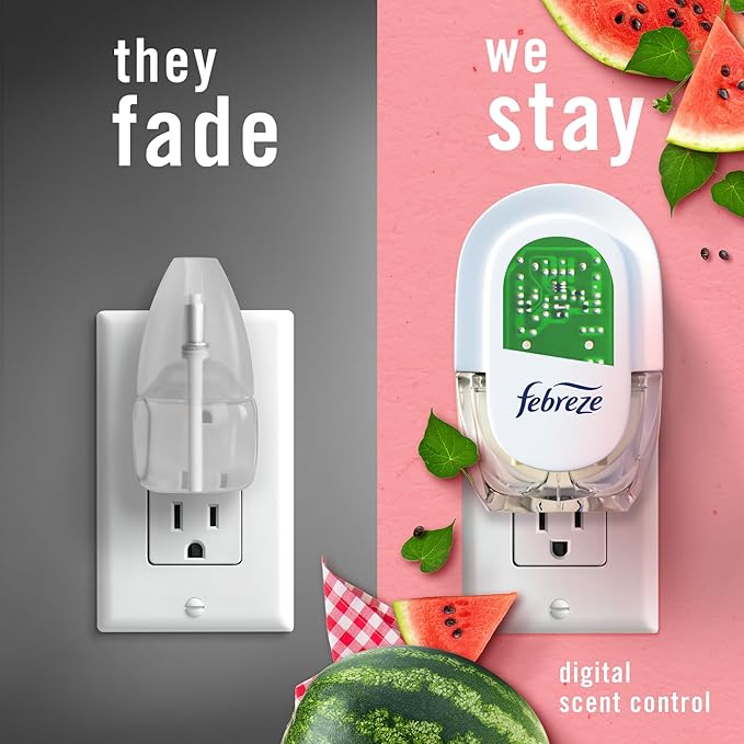 Febreze Odor-Fighting Fade Defy PLUG Air Freshener, Southern Lilac Mornings, Sweet Watermelon Vine, Pack of 4 (2 of Each), .79 fl. oz. Oil Refill