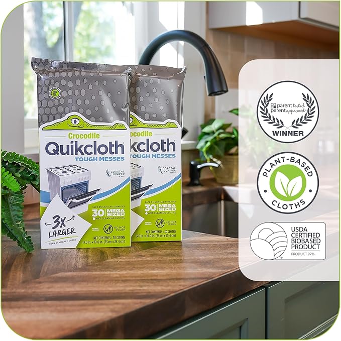 Tough Messes Cleaning Wipes, Plant-Based Multi-Surface Home & Kitchen Wipes, Plastic-Free, Gentle, Safe on Hands, 30 Count
