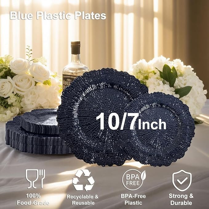 DaYammi 60Pcs Blue Plastic Plates - Dark Blue Pates Disposable - Heavy Duty Plastic Plates for Party Including 30 Dinner Plate, 30 Dessert Plate,blue Disposable plates for Party Wedding Dinner