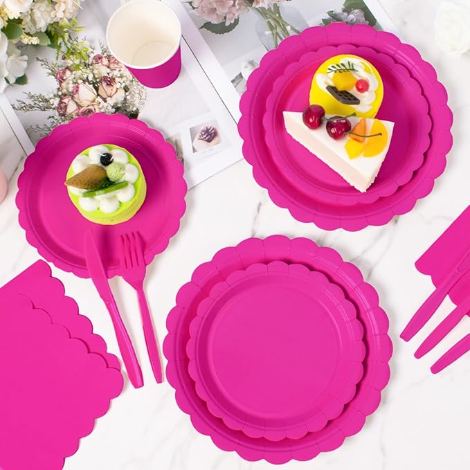 Vyntra 350 Pcs Hot Pink Disposable Paper Plates and Napkins Set for 50, 9" Dinner Plates & 7" Dessert Plates, Tableware for Birthday, Bachelorette, Party