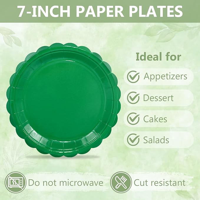 Mulbozy 75 Green Plates and Napkins Disposable Set Includes 25 Dessert Cake Scalloped Plates, Cocktail Napkins & Forks, for Fork 25 Guests Holiday Party Supplies.