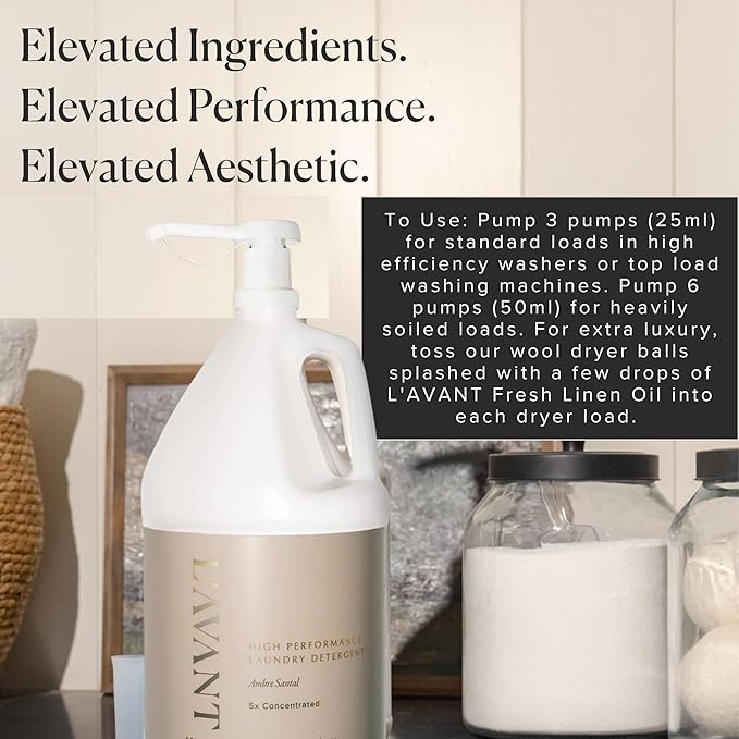 L'AVANT Collective Luxury Laundry Detergent | Ambre Santal | Natural Non-Toxic Liquid Laundry Soap with Enzymes | Bulk 1 Gallon, 5x Concentrated, Plant-Based, HE Compatible | 128 oz