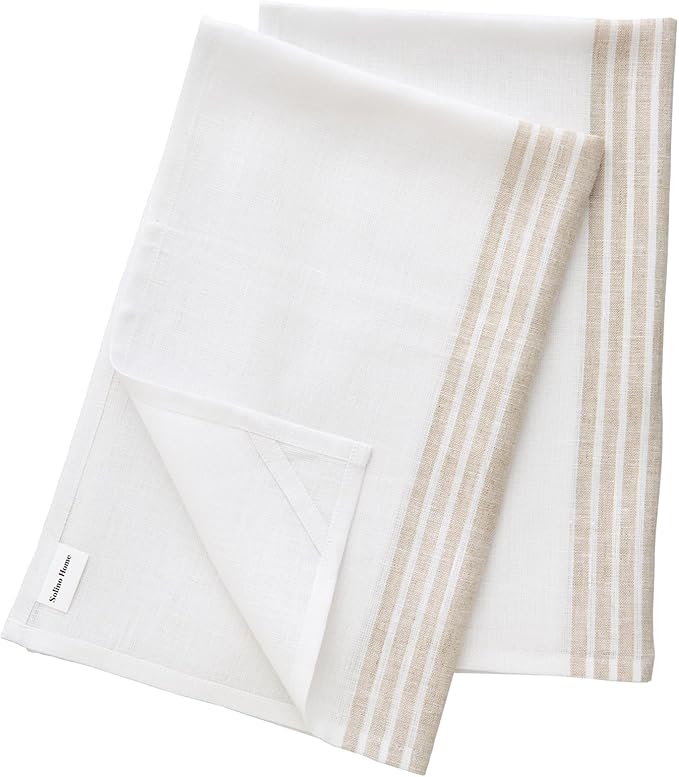 Solino Home Natural and White Linen Kitchen Towels Set of 2-100% Pure Linen 17 x 26 Inch Farmhouse Tea Towels with Hanging Loop - European Flax Kitchen Dish Cloth - Quick Dry & Machine Washable