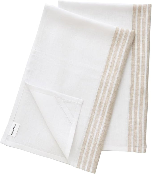 Solino Home Natural and White Linen Kitchen Towels Set of 2-100% Pure Linen 17 x 26 Inch Farmhouse Tea Towels with Hanging Loop - European Flax Kitchen Dish Cloth - Quick Dry & Machine Washable