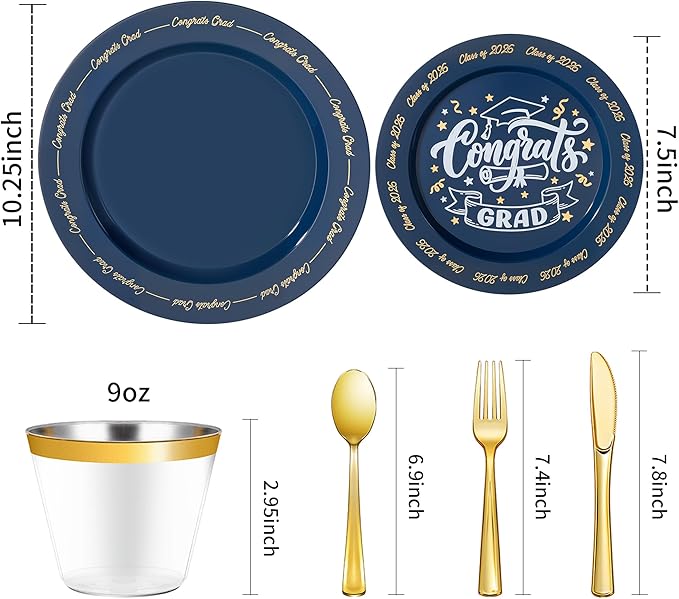 Goodluck 350 Piece Graduation Navy Blue Plastic Dinnerware Set for 50 Guests, Congrats Grad Disposable Plates Include: 50 Dinner Plates, 50 Dessert Plates, 50 Cups, 50 Rolled Napkins with Silverware
