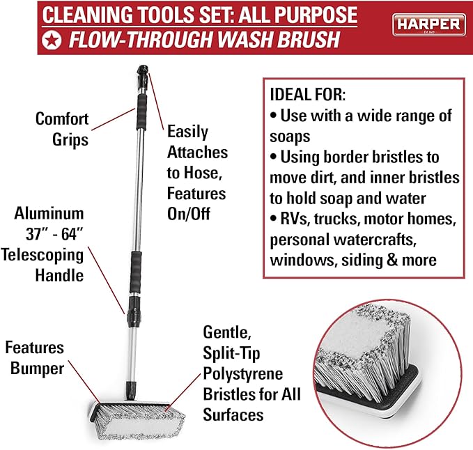 Harper 37518700 All-Purpose Scrubbing & Squeegee Brush Set with 10 in. Wash Brush with Flow-Through Handle, 24 in. Floor Squeegee, 10 in. Deck Brush and 8 in. Handheld Scrub Brush