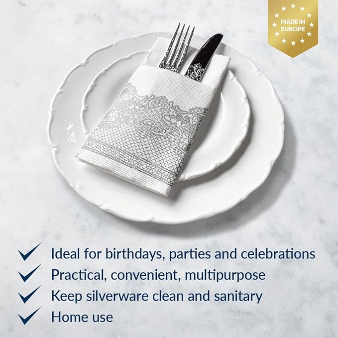 PAW - Linen Feel Napkins with Built-in Flatware Pocket, Soft and Absorbent Paper Pre-Folded Napkins with Silver Lace, Elegant Guest Towels, Wedding Party, Dinner, Birthday, Gatherings, 50 Count