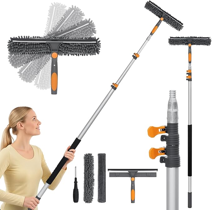 20FT Reach Window Squeegee with 5-13 FT Extension Poles, Extra-Large 14" Window Squeegee Window Cleaning Kit with Telescopic Pole,Window Cleaner Tool with Adjustable Head, for High Window, Glass, RV